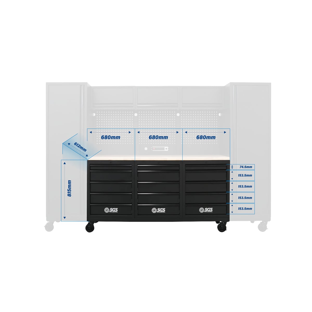 SGS Pro 9pc Heavy Duty Storage System with Wheels | Rubberwood Worktop | Pegboard | Powerstrip
